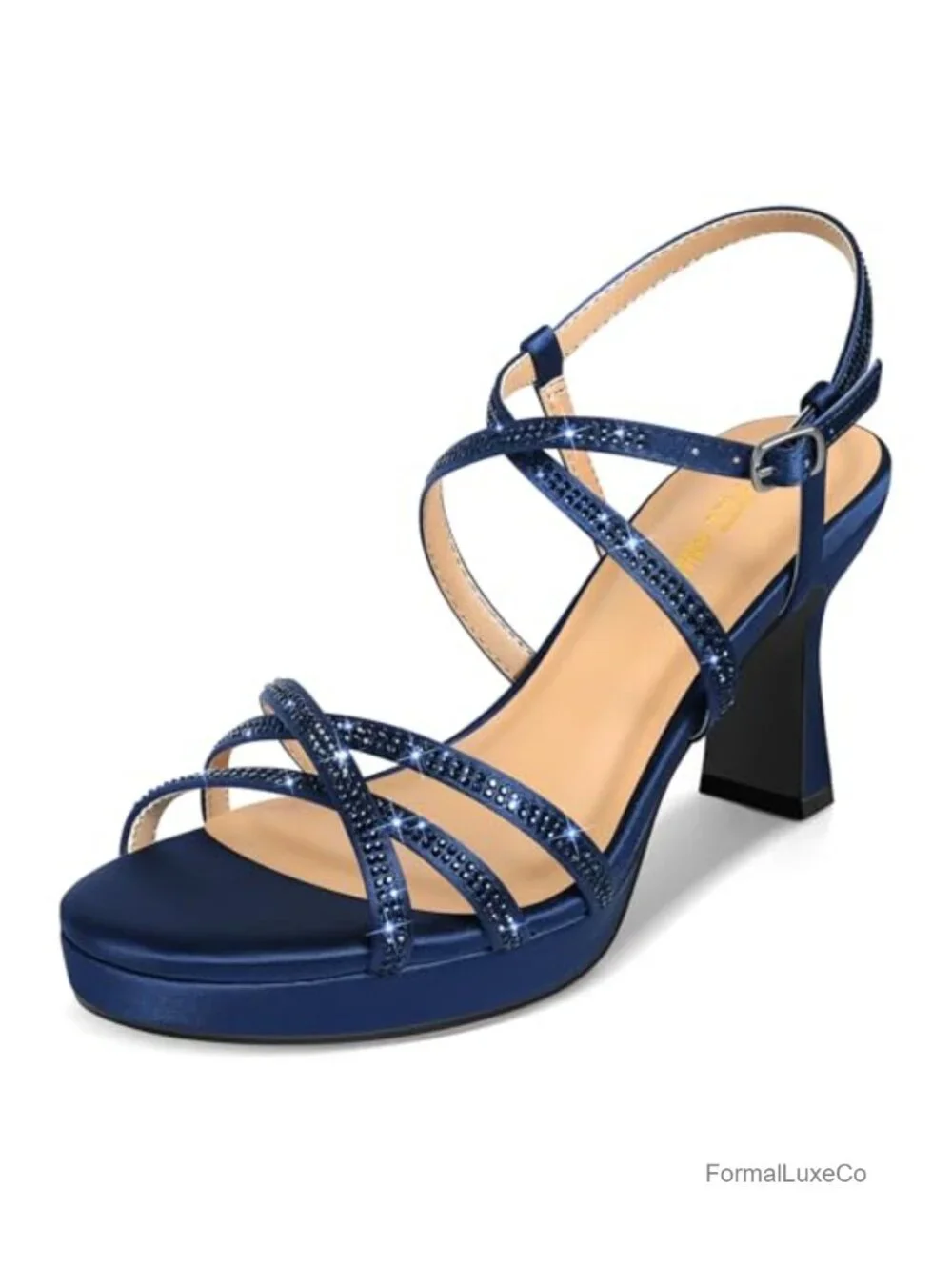 Platform High Heels Block Chunky Strappy Rhinestone Open Toe Ankle Strap Dress
